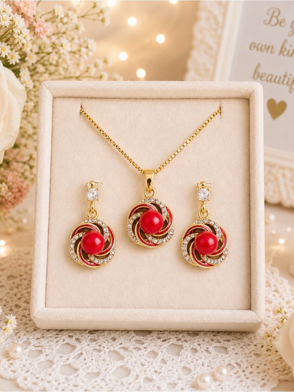 Gold-Tone Red Stone Center Pendant Necklace & Earrings Set-NWOT